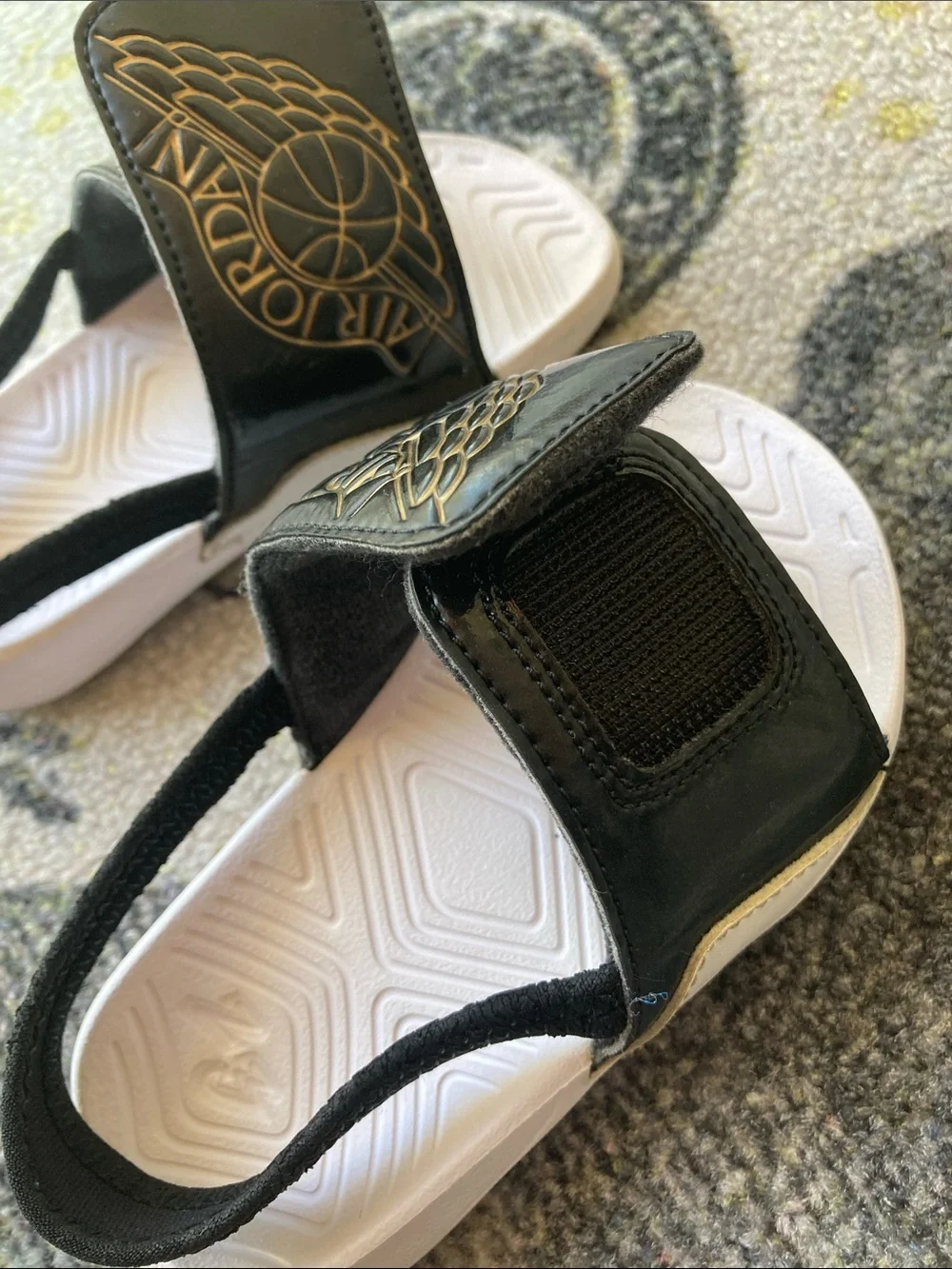 Air Jordan Hydro 7 'Black Metallic Gold Slide Slingback Sandals Size 8C Velcro